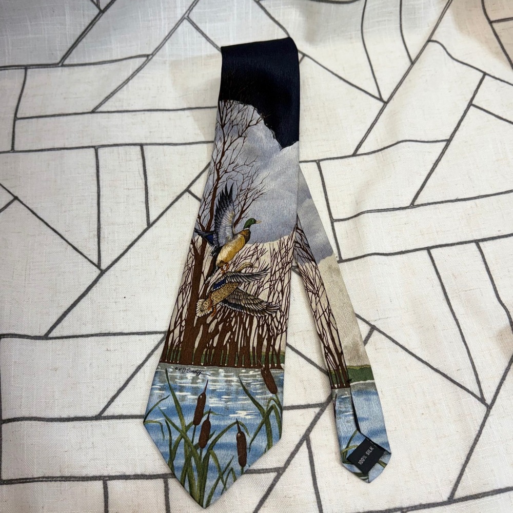 Puritan Silk Tie OS Blue Mallard Ducks Flying Marsh Wildlife Scene K.D. Cundiff